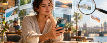 A person uses a smartphone while AI answer cards and source cards are examined with a magnifying glass.