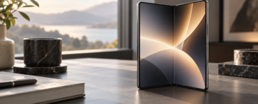 An unbranded foldable smartphone opened on a desk beside a window.